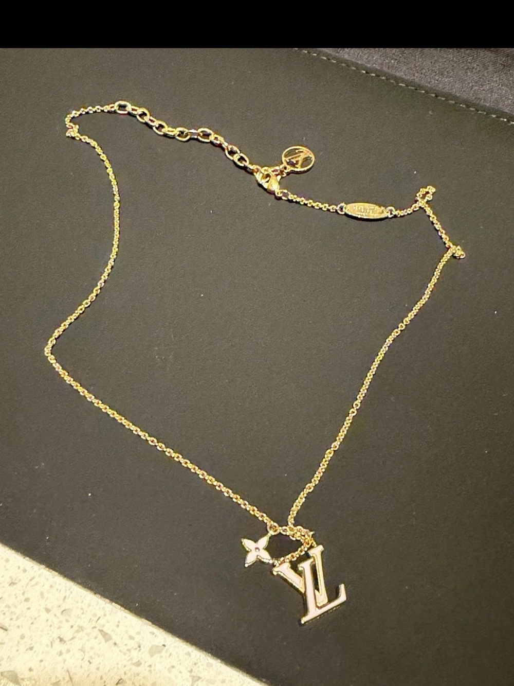 Louis Vuitton Gold and Pink Enamel LV Charm Necklace